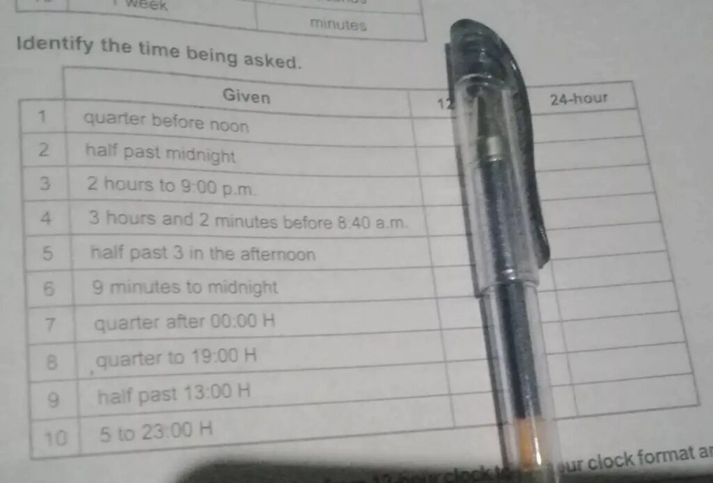 Identify the time being asked. Given 1 quarter before noon 2 half past midnight 3 2 hours to 9:00 p.m. 4 3 hours and 2 minutes before 8.40 a.m. 5 half past 3 in the afternoon 6 9 minutes to midnight 7 quarter after 00:00 H 8 quarter to 19:00 H 9 half past 13:00 H 10 5 to 23:00 H